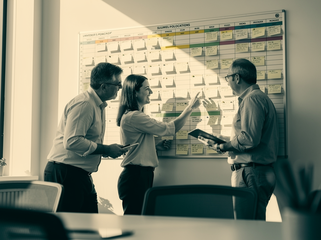 A placement team planning student allocations at a wall planner