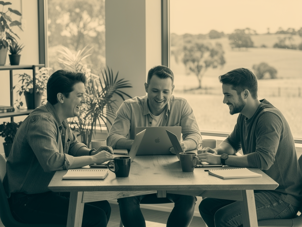 The Engageable team collaborating around a table in their light-filled studio
